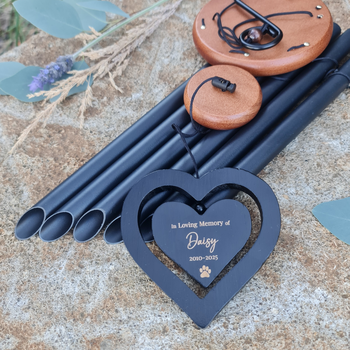 Personalised Pet Memorial Wind Chime – Engraved Spinning Heart, Sympathy Gift