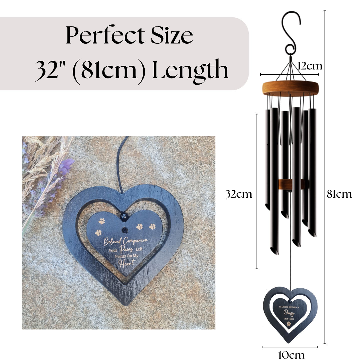 Personalised Pet Memorial Wind Chime – Engraved Spinning Heart, Sympathy Gift