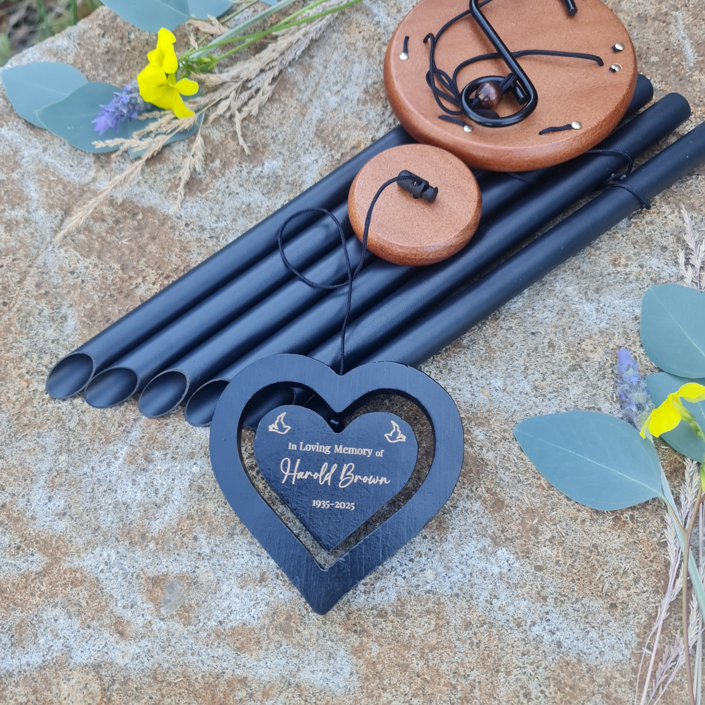 Personalised Memorial Wind Chime – Engraved Spinning Heart, Sympathy Gift