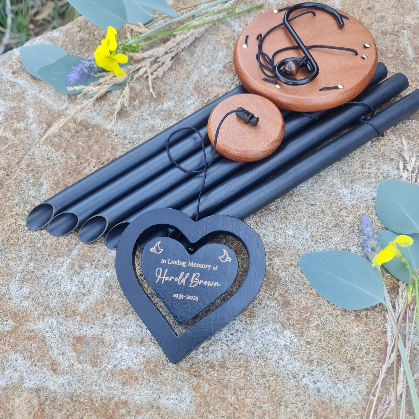 Personalised Memorial Wind Chime – Engraved Spinning Heart, Sympathy Gift