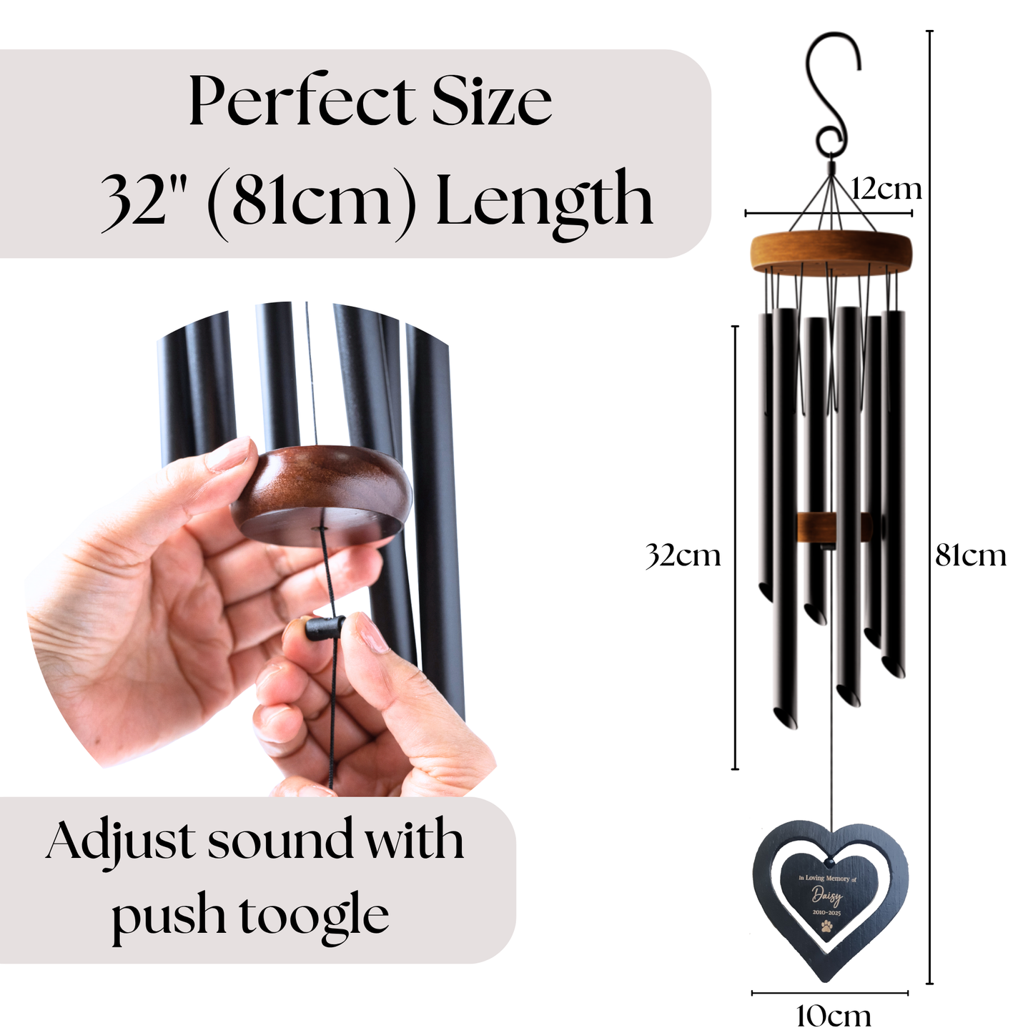 Personalised Pet Memorial Wind Chime – Engraved Spinning Heart, Sympathy Gift